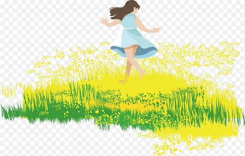 春天踏青草地奔跑的女孩插图