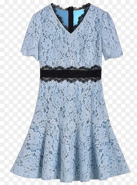 V领蓝色蕾丝连衣裙