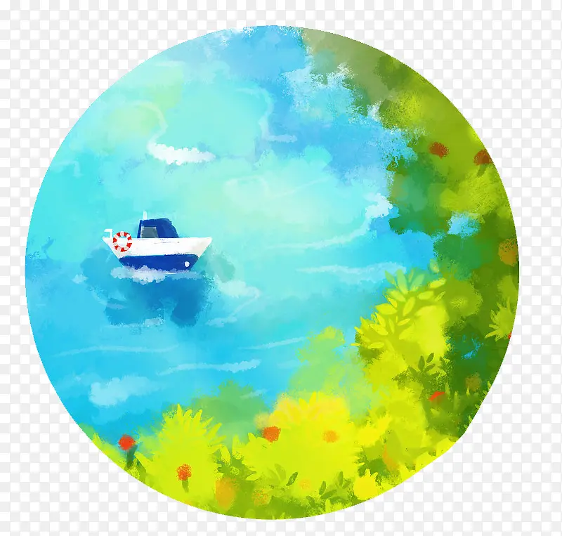 夏日水彩风景圆形图标插图