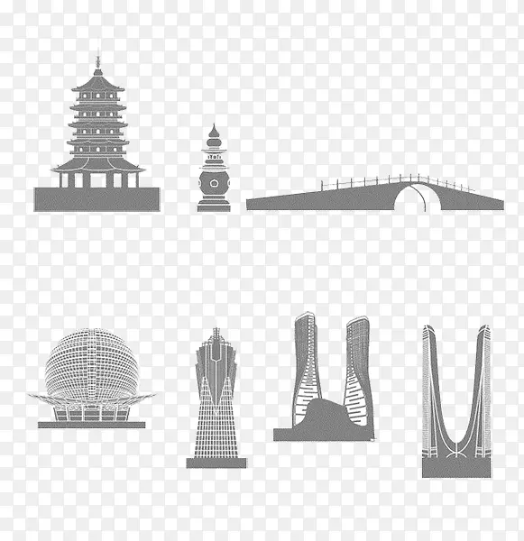 创意设计手绘旅游杭州地标免抠图