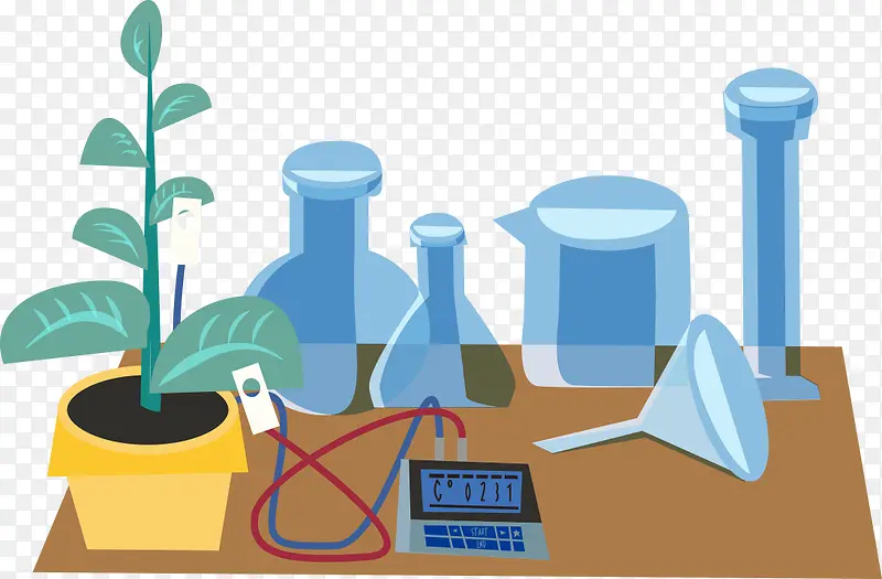 化学桌面上的器皿手绘盆栽