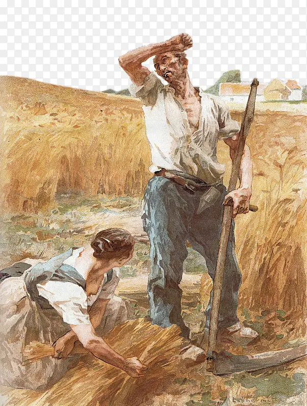 油画收麦子劳作的农民