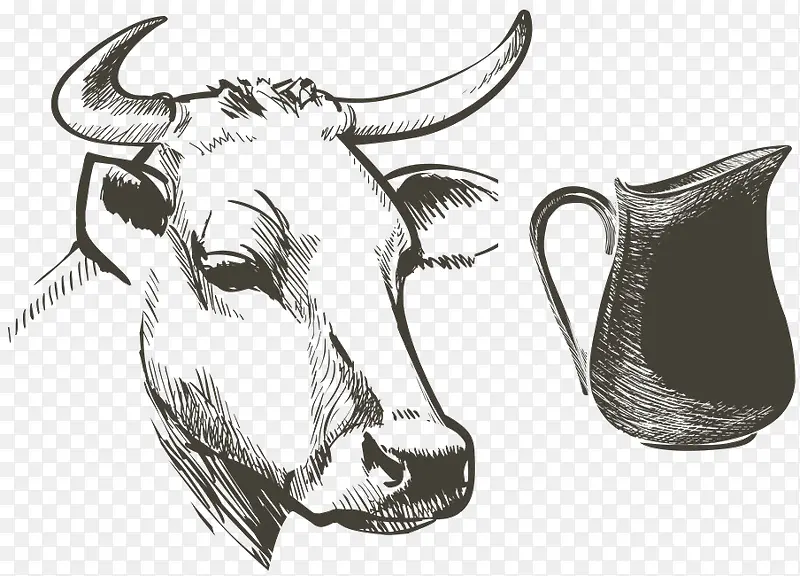 手绘素描奶牛新鲜牛奶罐