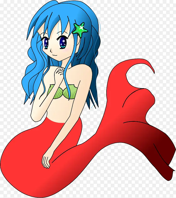蓝色头发的红色尾巴美人鱼