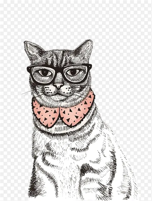 卡通手绘素描戴眼镜猫咪