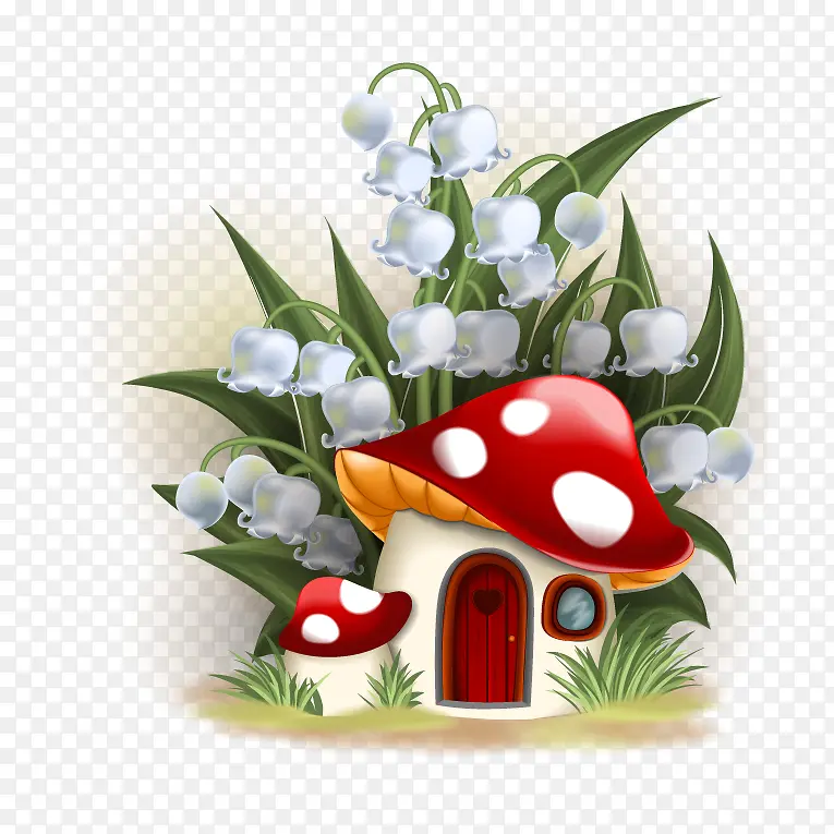 卡通铃铛花下的蘑菇屋矢量素材