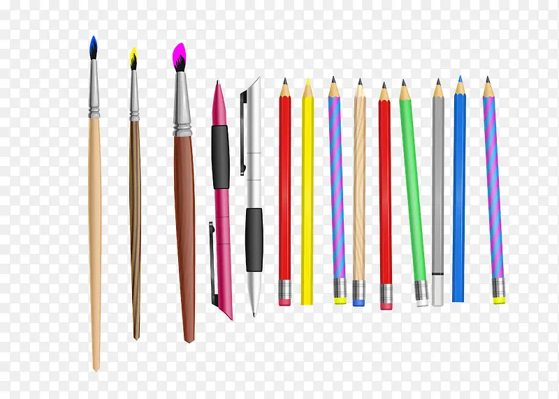 矢量彩色多款文具铅笔钢笔毛笔