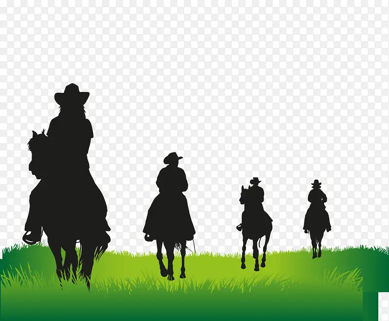 卡通手绘翠绿草地黑白牛仔骑马