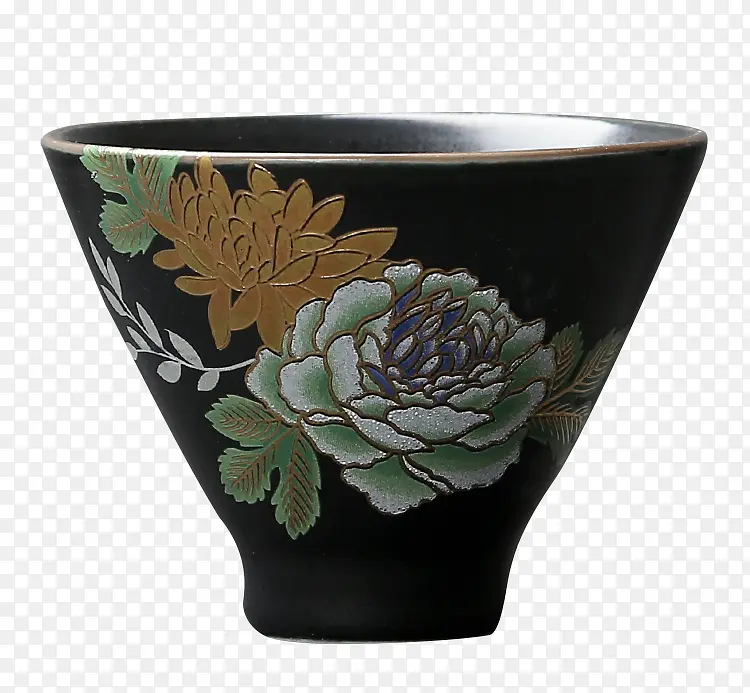 花卉图案黑陶茶杯