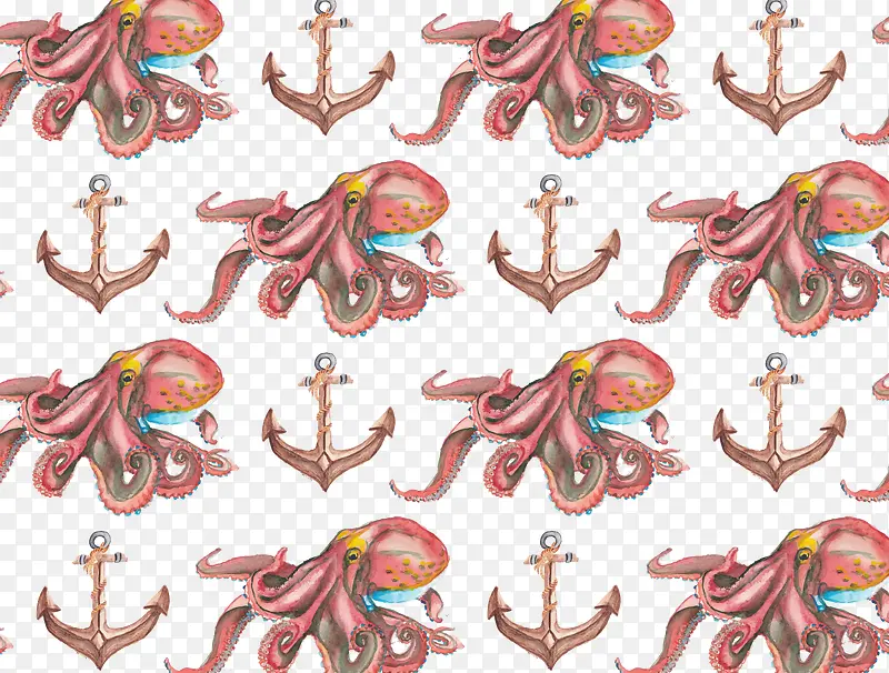 水彩绘章鱼和船锚无缝背景矢量图