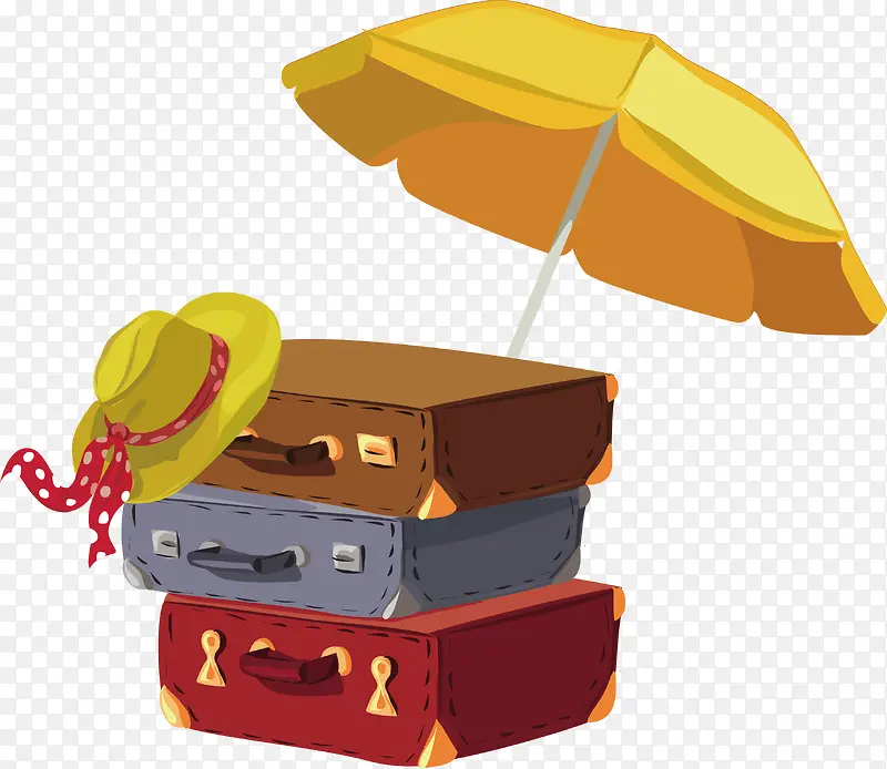 矢量彩色行李箱与雨伞