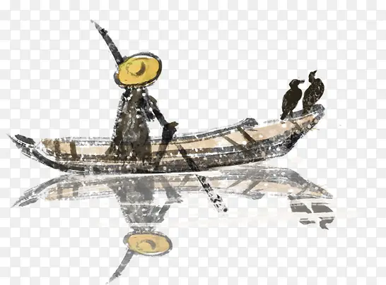 水墨装饰手绘打渔船插画