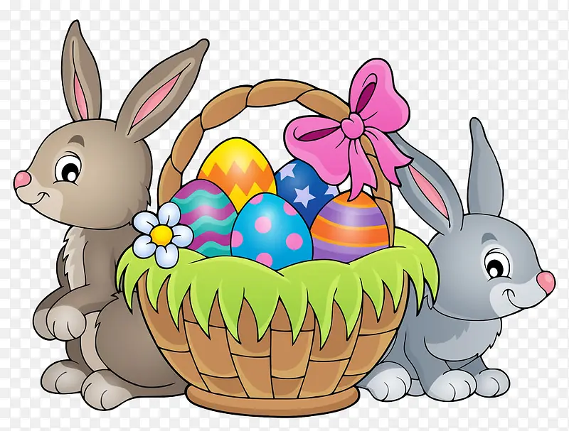 装饰图案彩蛋篮子与卡通兔子