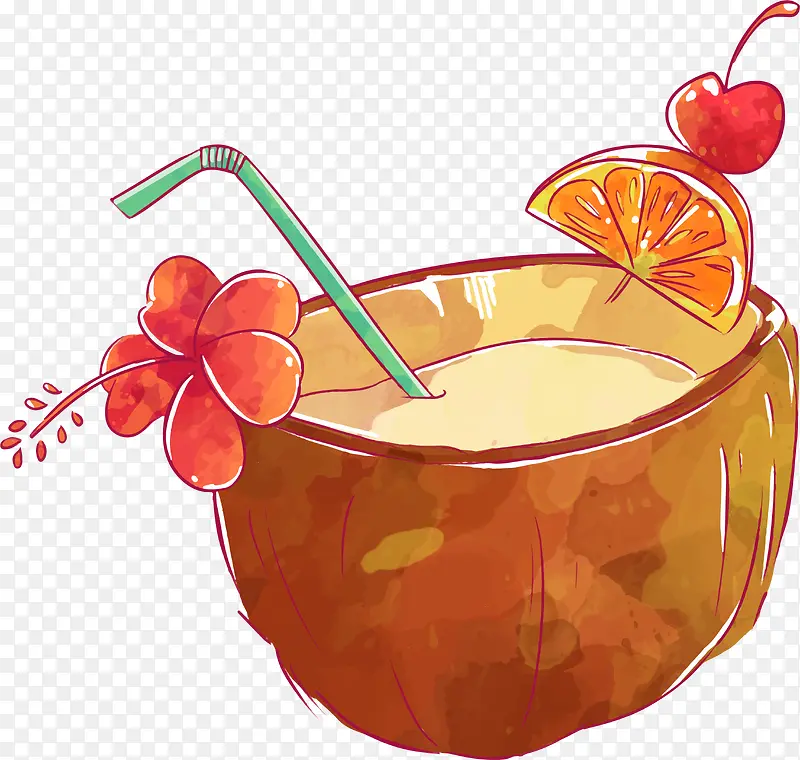 彩色手绘圆弧椰子果汁元素