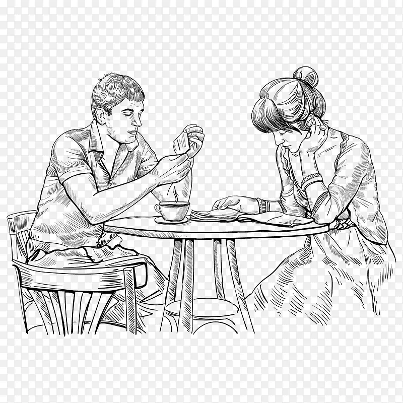 手绘素描速写插图情侣喝咖啡插画