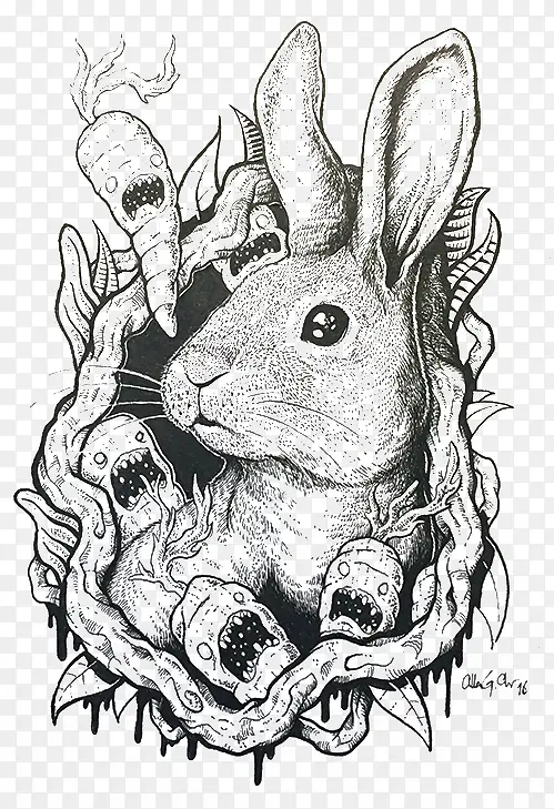 黑白手绘兔子线稿