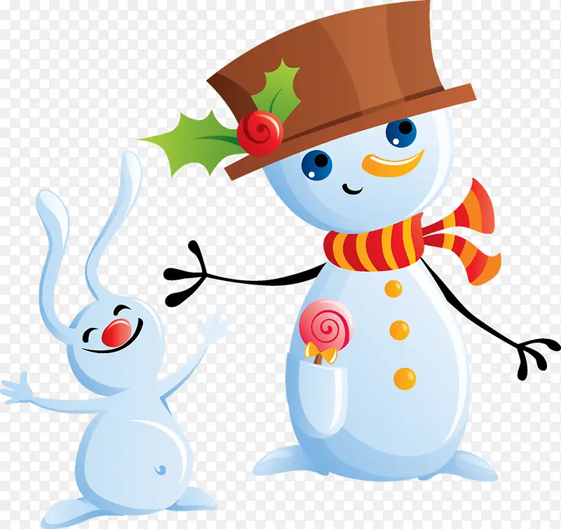 雪人带红色帽子的雪人卡通兔子