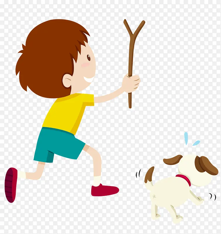 手绘拿树枝的小男孩背影和狗