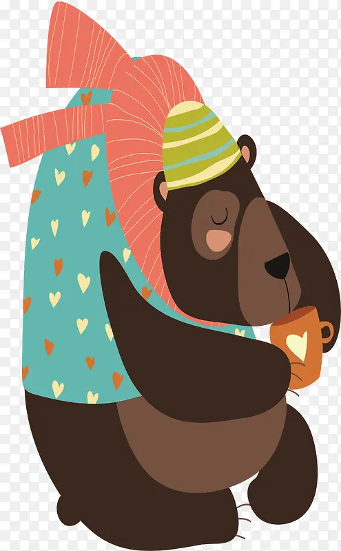 红围巾狗熊喝水森林动物卡通插画