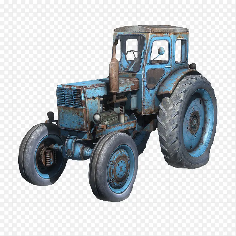 破旧蓝色四轮大型拖拉机