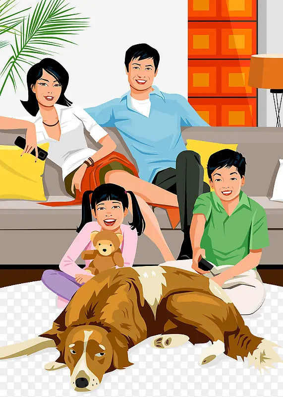 矢量插图一家人与小狗