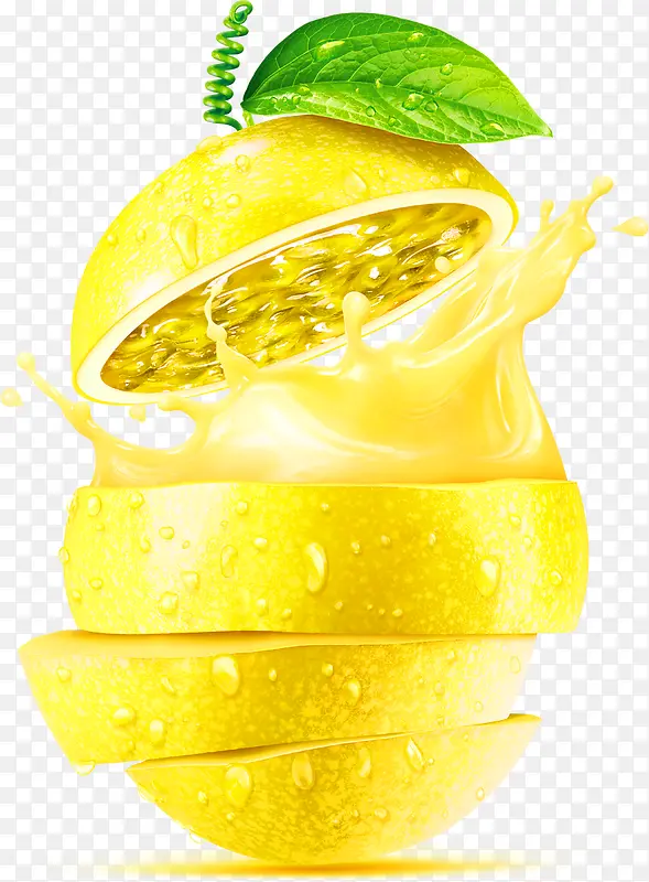 黄色柠檬清新果汁飞溅装饰图案