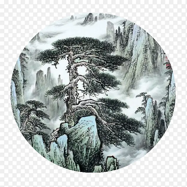 彩绘水墨画松树