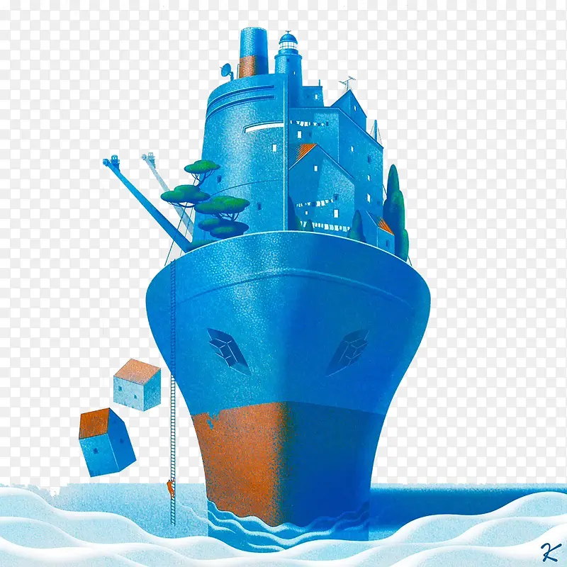创意手绘蓝色轮船
