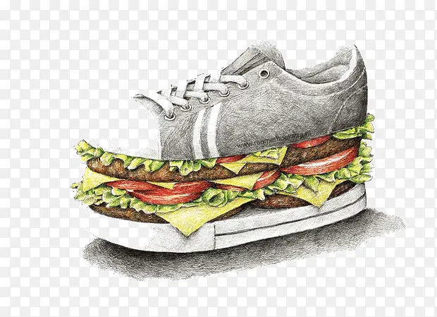 鞋子中的汉堡素描插画