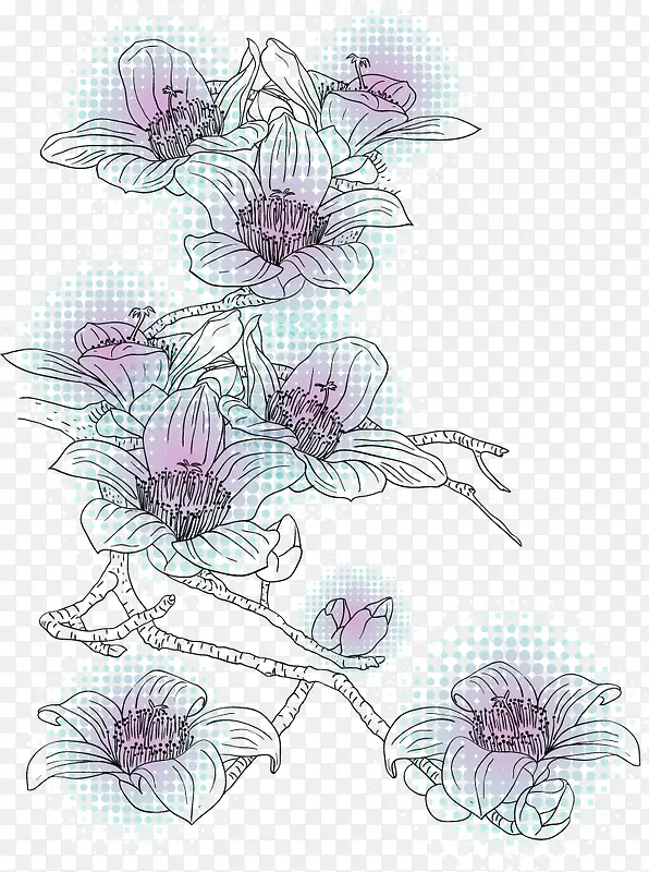 矢量手绘线描复古花朵