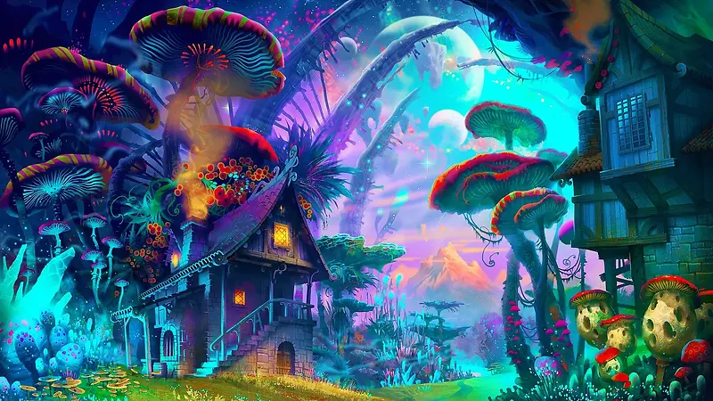 彩色梦幻蘑菇林小屋海报背景