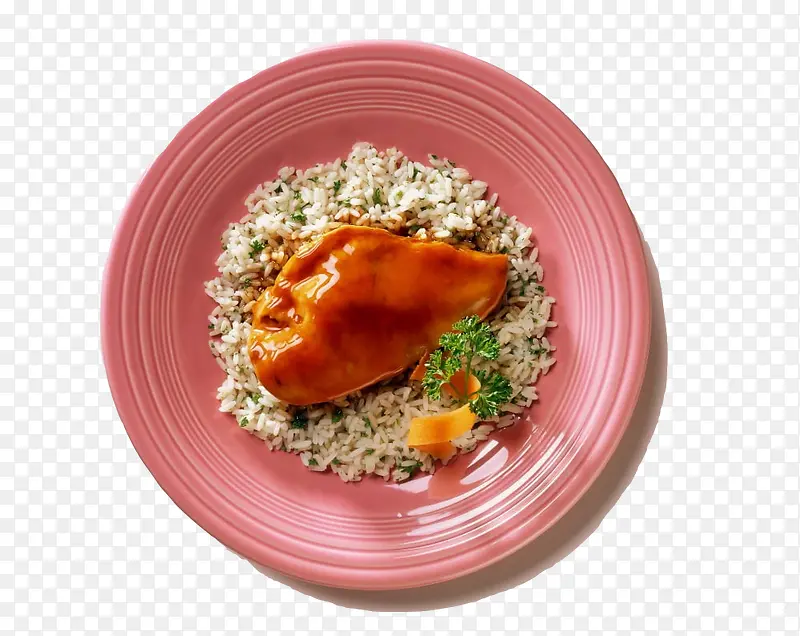 简洁红色盘子鸡肉米饭料理俯视免
