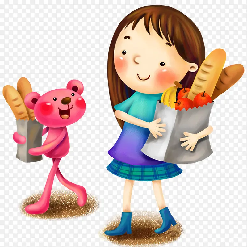 女孩和熊抱着食物