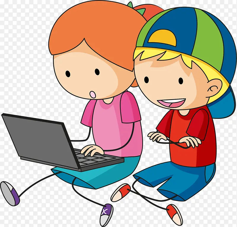 卡通上网玩电脑的小孩