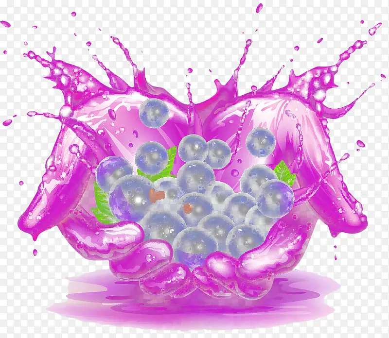 手绘绿叶紫色葡萄水果汁png