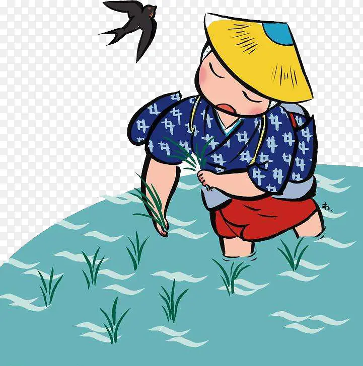 卡通辛苦的插水稻的农民