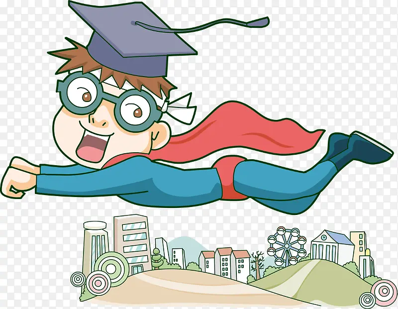 卡通学士超人飞在学校上空矢量图