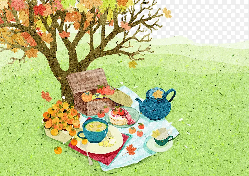 卡通彩绘枫叶树底下野餐图