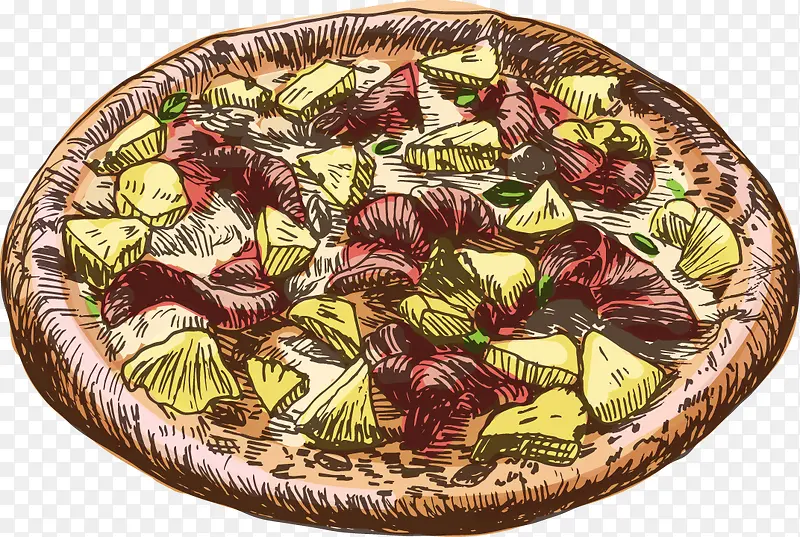 矢量手绘食物菠萝牛肉披萨