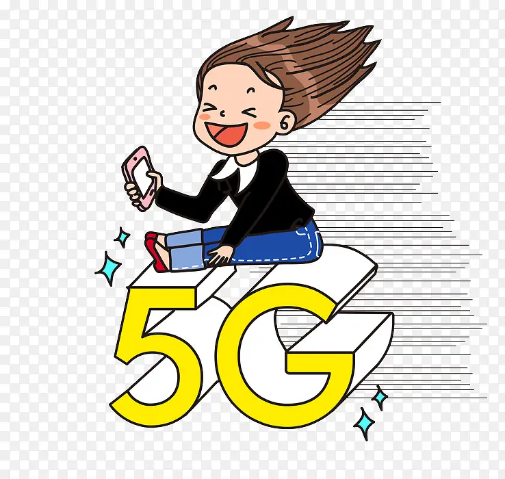 卡通拿着5G网络手机的女人免抠图