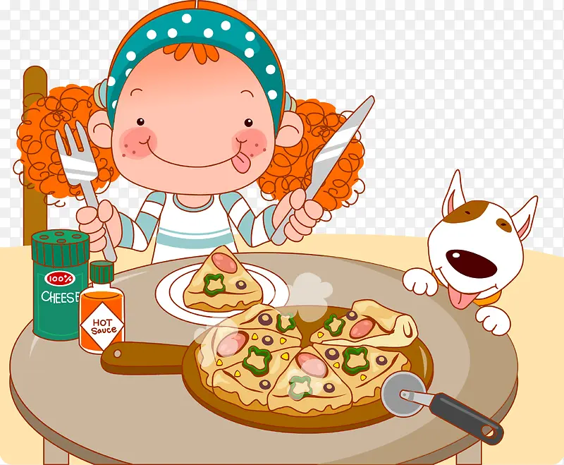卡通吃披萨的女孩