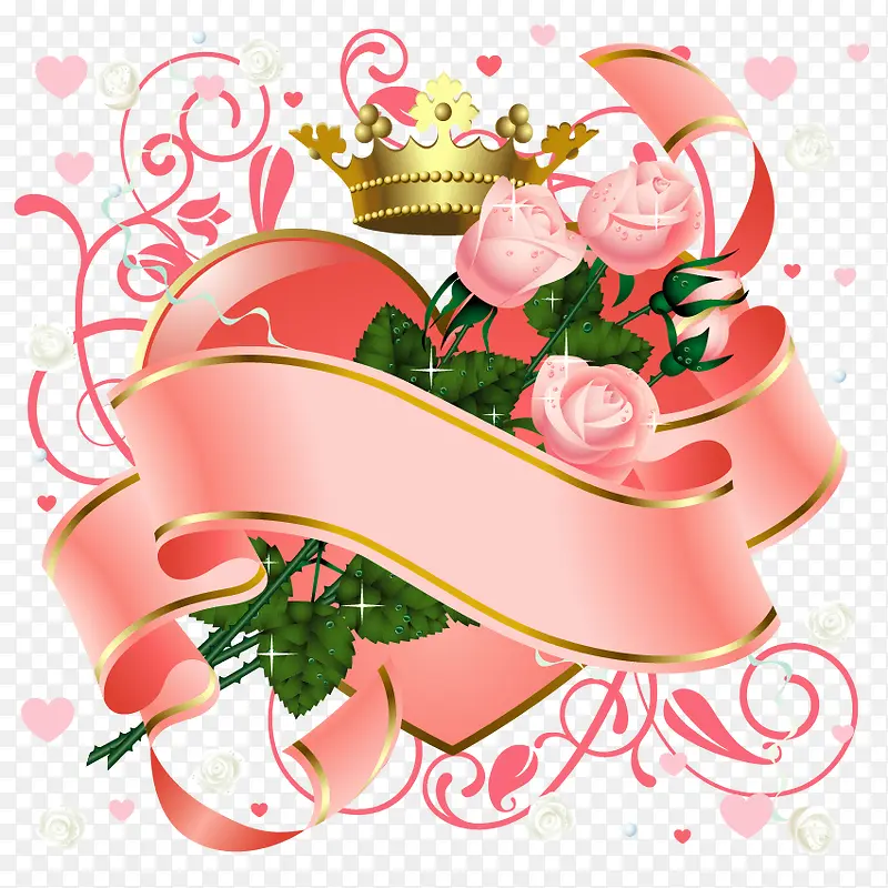 粉红皇冠玫瑰与桃心矢量图