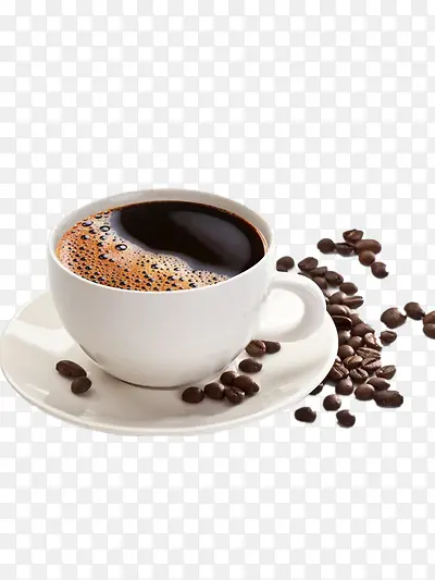 一杯咖啡和散落的咖啡豆