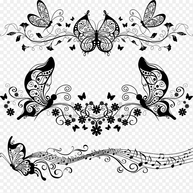 黑白欧式蝴蝶图案花纹