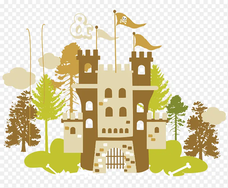 彩色矢量卡通欧式城堡旗帜树木