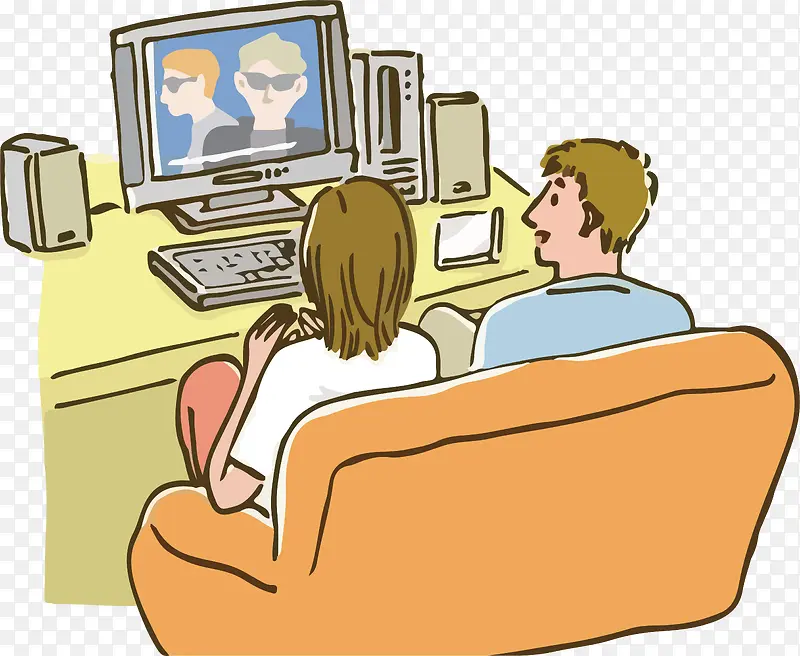 卡通情侣看电视矢量