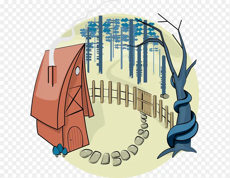 卡通手绘树林房屋篱笆石路
