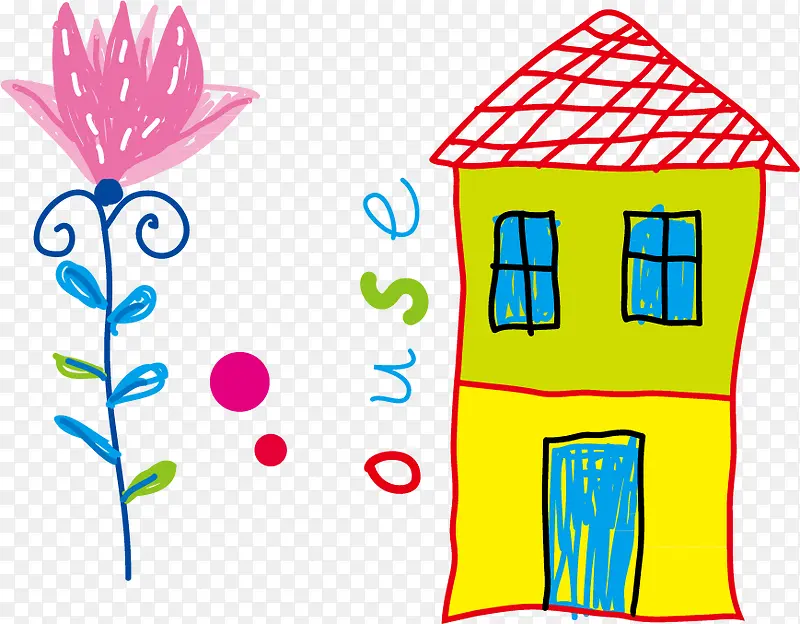线条画房子与鲜花