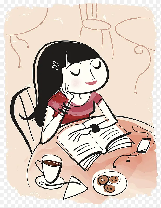 装饰插图喝咖啡看书的女孩