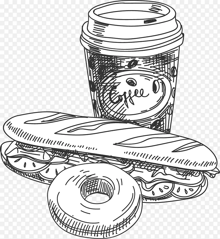 手绘快餐食物咖啡热狗甜甜圈线稿